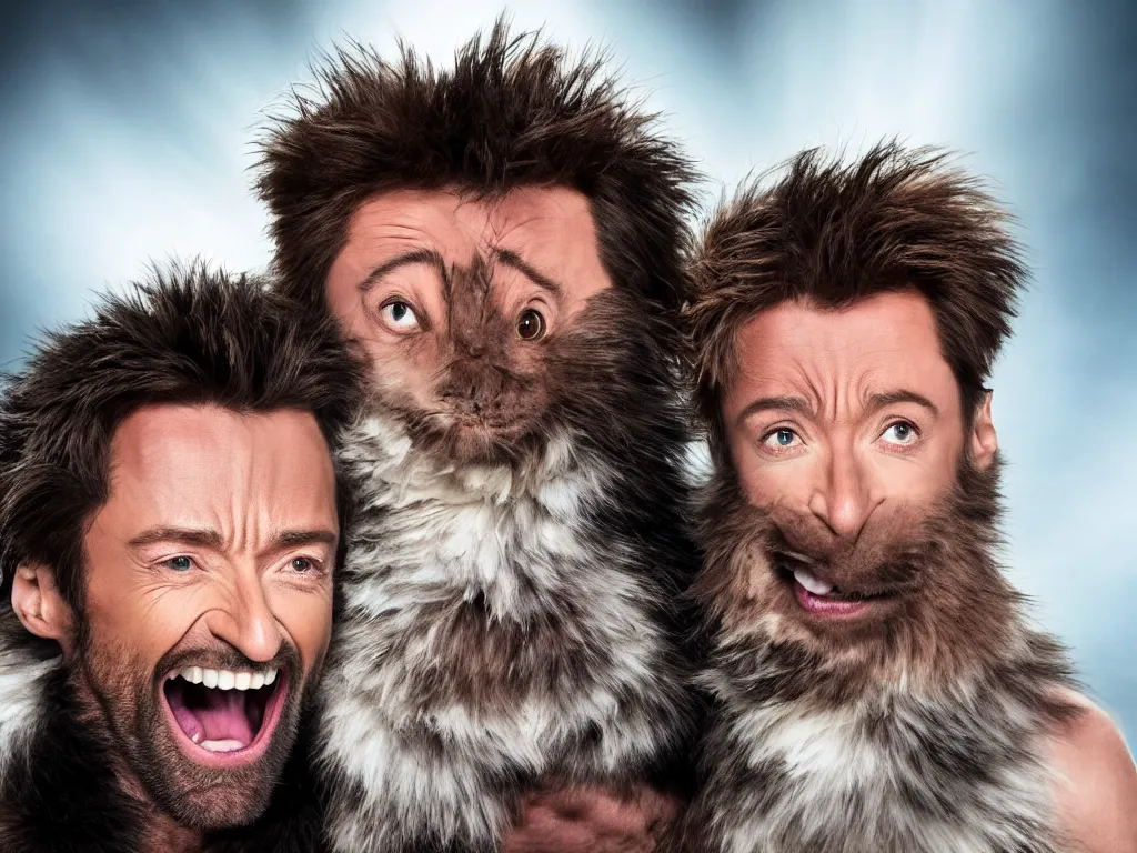 Image similar to Hugh Jackman and Fluffy Furry monster, making silly faces from a stage, movie still, studio lighting, 4k, 8k, high resolution