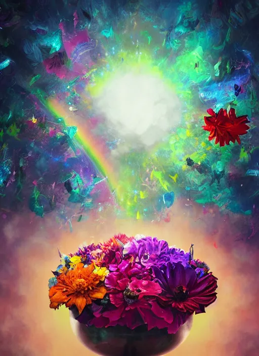 Image similar to An epic fantastic realism comic book style painting of the most beautiful spinning flowers floating into the dark cosmos, exquisite bouquets, fisheye, a star explodes into rainbows, unreal 5, DAZ, hyperrealistic, octane render, dynamic lighting