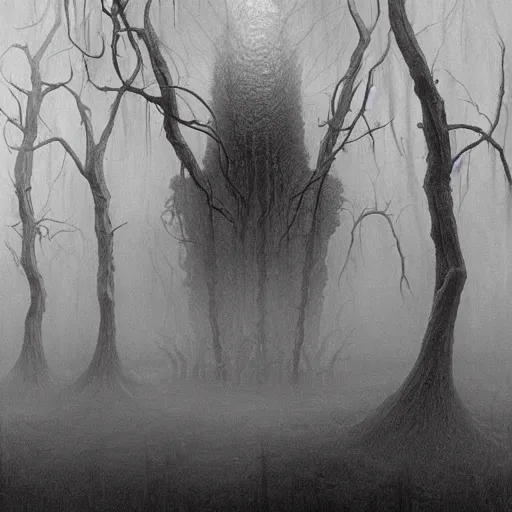 Image similar to concept art of a eldritch horror, fantasy, forest, heavy fog, wayne barlowe and zdzislaw beksinski