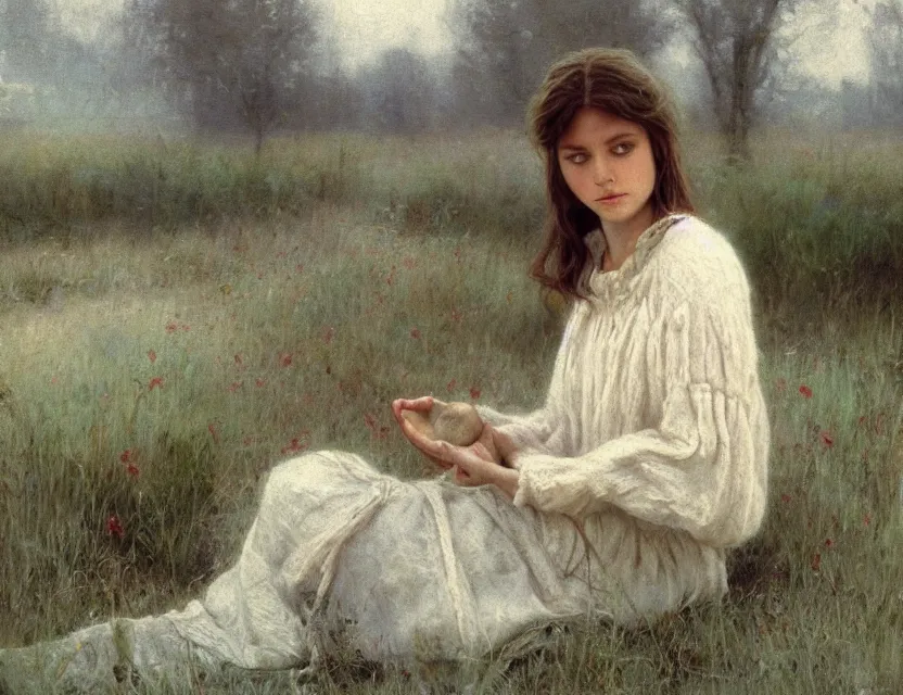 Image similar to peasant girl yarn knitting, cottage core, cinematic focus, polaroid photo bleached vintage pastel colors high - key lighting, soft lights, foggy, by steve hanks, by lisa yuskavage, by serov valentin, by tarkovsky, 8 k render, detailed, oil on canvas