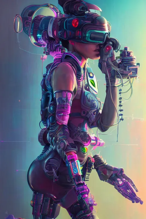 Prompt: a full body illustration of an asian female cyberpunk character wearing VR goggle implants, symmetrical detailed legs, oil on canvas, soft lighting, neon pastel colors, by WLOP and Greg Staples, HD, 4K