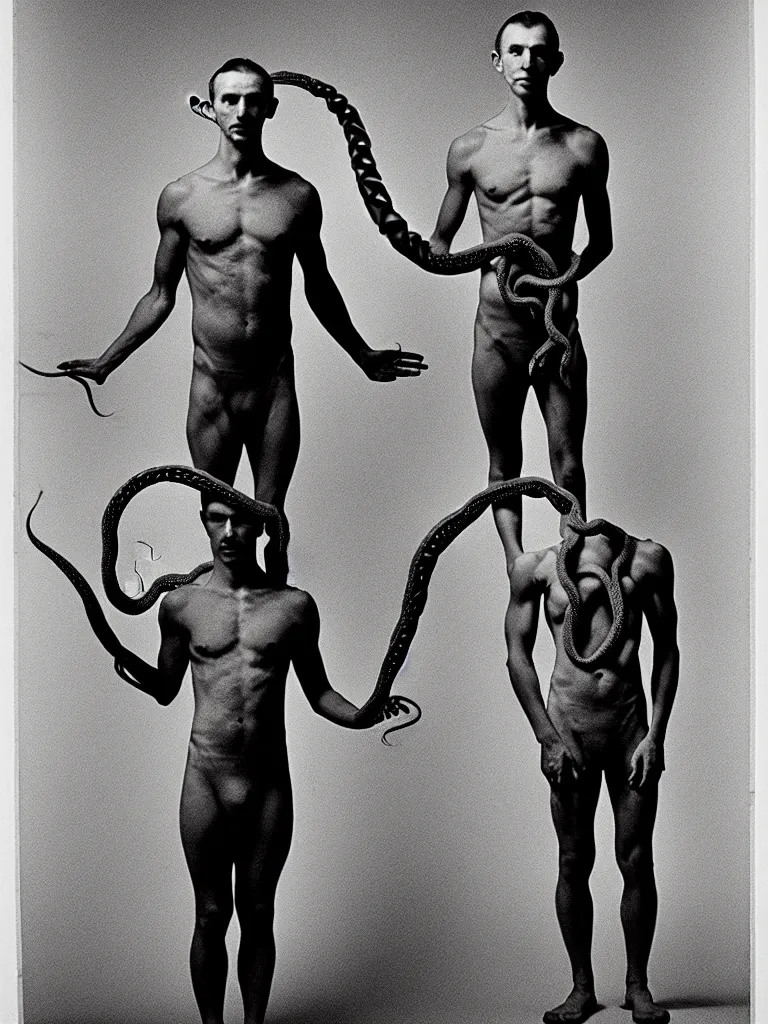 Prompt: a perfect full length portrait of a man standing, proudly displaying his four dimensional hyperbolic body extensions that extrude, protude and extend outwards and around his body like grasping prehensile tendrils tentacles and snakes, perfect studio lighting.