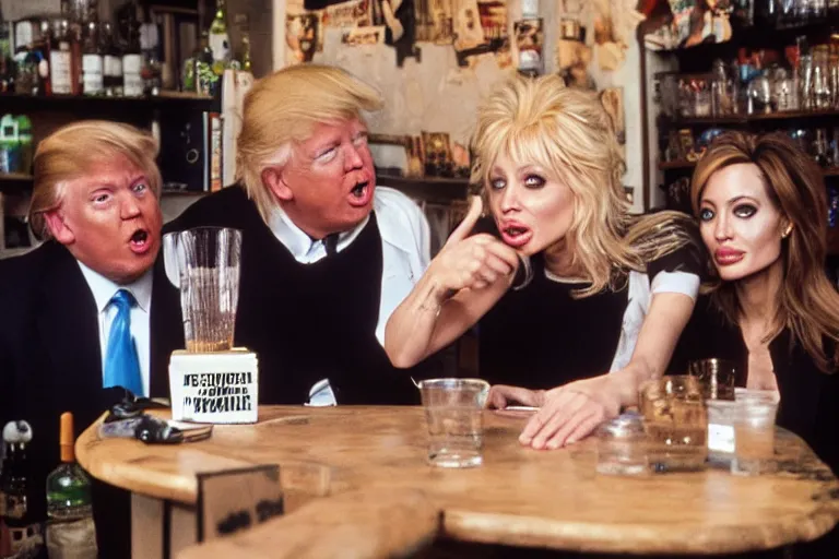 Prompt: Angelina Jolie, boris johnson, The Alien from the movie 'Alien', dolly parton, donald trump are best friends, drinking shots of tequila and snorting cocaine, central perk coffee shop, still photo, hyperrealistic, 35mm, 8k, by weta digital