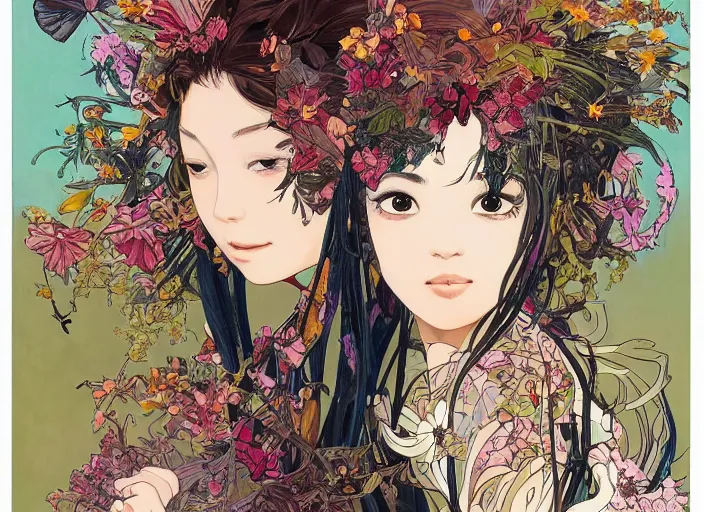 Image similar to !!! very coherent!!! oil painting, beautiful floralpunk iban bio mechanical full body girl female illustration detailed patterns art of sarawak traditional dress, flower pop art, floral splash painting, art by ashley wood, alphonse mucha, makoto shinkai, geof darrow, dark shadow