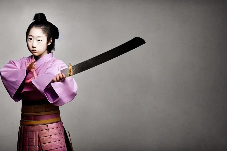 Image similar to beautiful photo of a young female samurai, practising sword stances, symmetrical face, beautiful eyes, huge oversized anime sword, award winning photo, muted pastels, action photography, 1 / 1 2 5 shutter speed, dramatic lighting