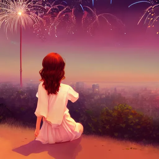 Image similar to girl watching watching fireworks on a hill, digital art, by ben weiner, richard estes, range murata, akiyuki shinbou, yoshitaka amano, wlop, highly detailed, realistic, cinematic, bold colours, photorealism, 4 k, wide angle lens, trending on artstation, artgerm