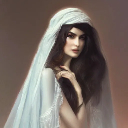 Image similar to ameera al taweel, crystal blue eyes, long wavy black hair, white veil, front closeup, cinnamon #b57e59 skin color, highly detailed, centered, oil painting, artstation, concept art by tom bagshaw