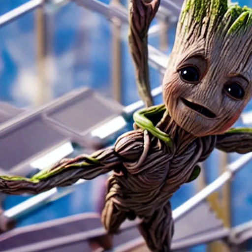 Prompt: baby groot riding a roller coaster