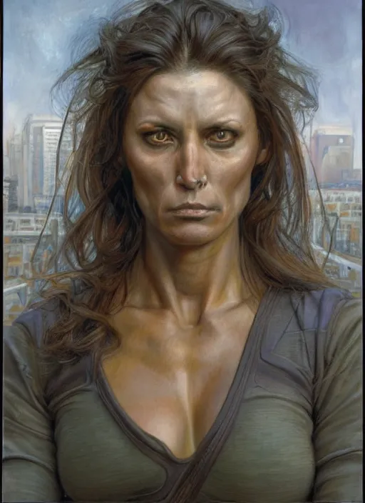 Image similar to frontal portrait of a emotional muscular female survivor in a city, by donato giancola