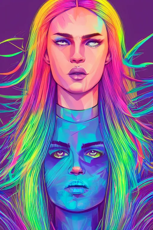 Image similar to a award winning half body portrait of a beautiful woman with stunning eyes in a printed croptop and cargo pants with rainbow colored ombre hairstyle head in motion and hair flying by josan gonzales, outrun, vaporware, shaded flat illustration, digital art, trending on artstation, highly detailed, fine detail, intricate