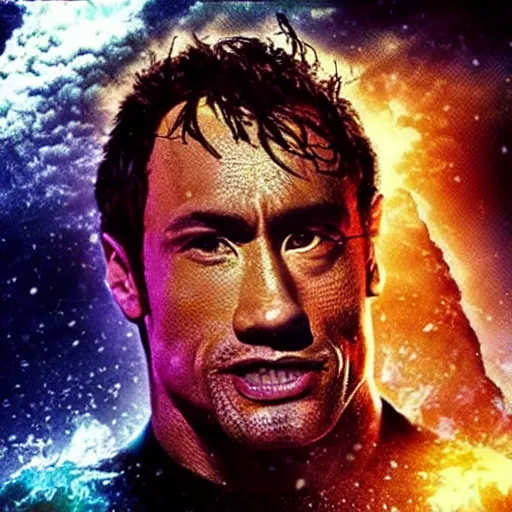 Image similar to “ the rock with hair, shot by christopher nolan, directed by michael bay, concept art ”