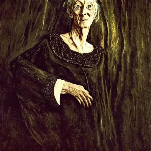 Prompt: portrait, old wrinkled witch. dark clothes. by El Greco, Remedios Varo, Salvador Dali, Carl Gustav Carus, John Atkinson Grimshaw. high detail, great lighting, 8k resolution, masterpiece, concept art, illustration