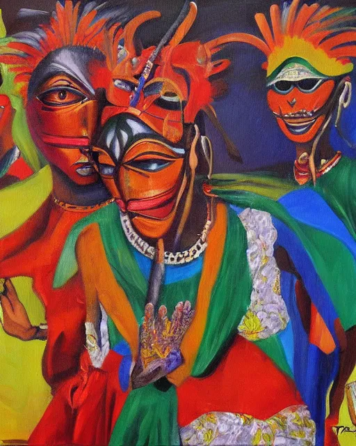 Prompt: Burkina Faso masquerade, painting by Toni Toscani, oil on canvas, Kooness