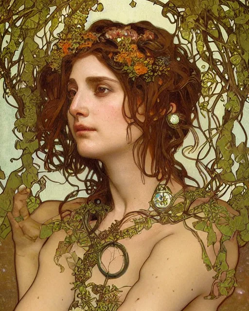 Image similar to a portrait of dionysus, realistic, beautiful, 8 k, by greg rutkowski, alphonse mucha, gustav klimt, ornate, very detailed, vines as jewelry, symmetry, sharp focus