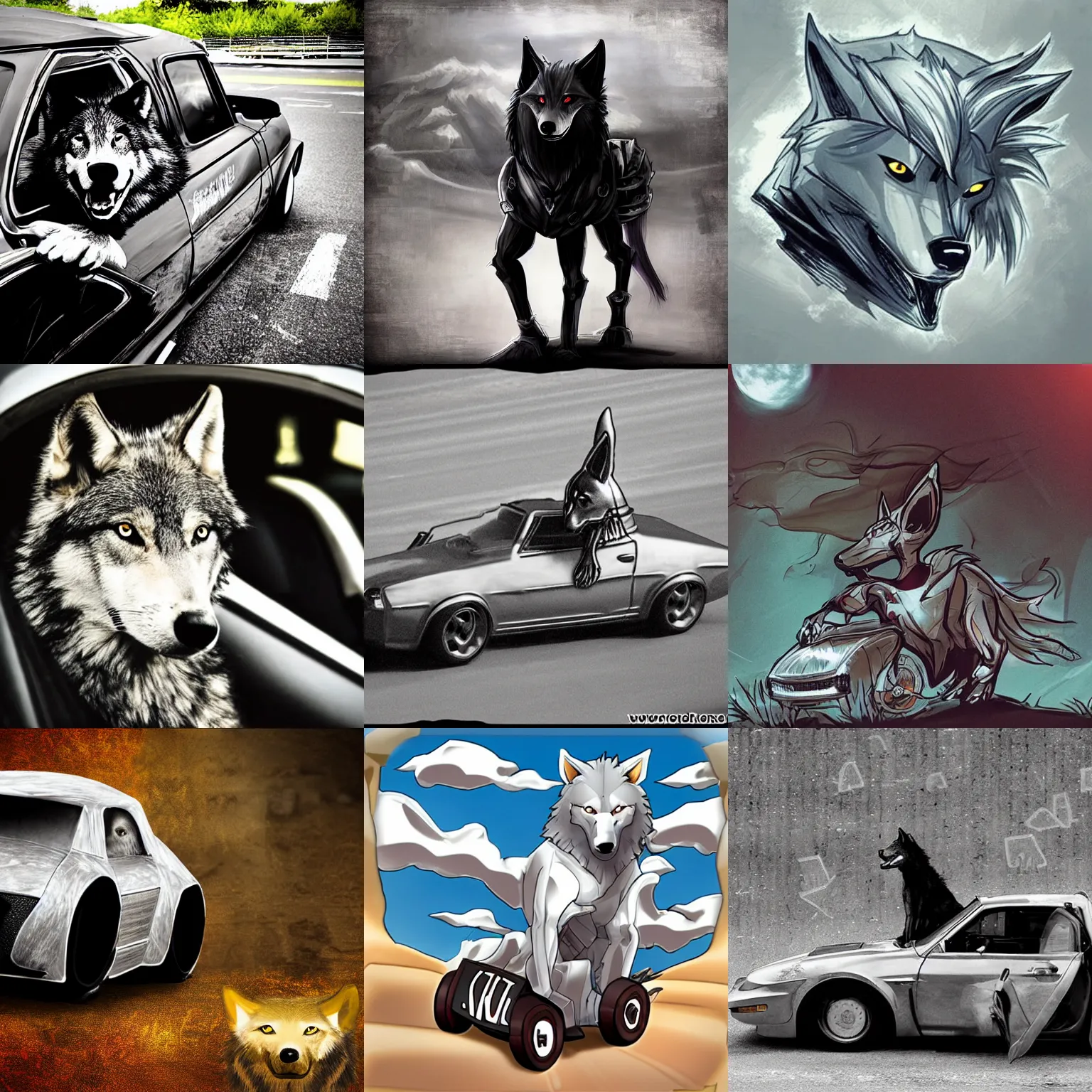 Prompt: knight = wolf [ in a car ]