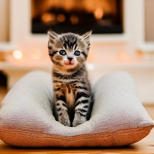 Image similar to A cute little kitten sits on the top of a plush heart-shaped pillow near fireplace, Canon EOS R3, f/1.4, ISO 200, 1/160s, 8K, RAW, unedited, symmetrical balance, in-frame