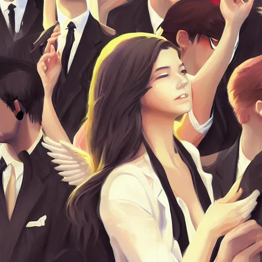 Prompt: cute beautiful girl with angel wings in suit crying in the Wall Street in the middle of the crowd, elegant, 2d, ultra highly detailed, digital painting, smooth, sharp focus, artstation, pixiv, art by Ilya Kuvshinov