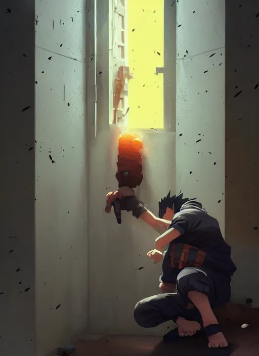 Image similar to highly detailed prison cell with naruto uzumaki with black hair, bars in window, powerfully hitting a wall, art by greg rutkowski, loish, rhads, ferdinand knab, makoto shinkai and lois van baarle, ilya kuvshinov, rossdraws, tom bagshaw, global illumination, radiant light, detailed and intricate environment