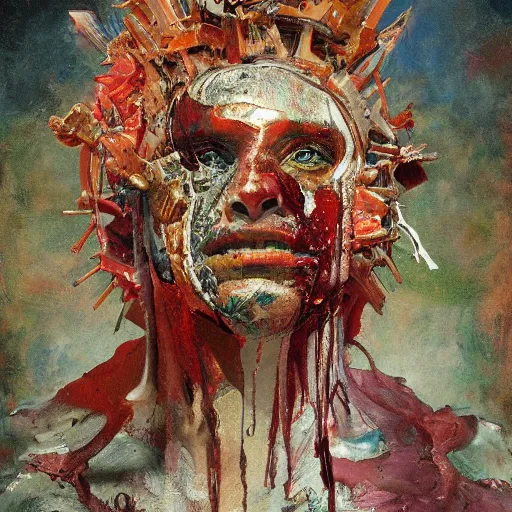 Prompt: a glitched art oil painting of an ancient mechanical god king carcass, solid colors, flat color, francis bacon, joao ruas, greg rutkowski, photo realistic, 4 k, complimentary color scheme,