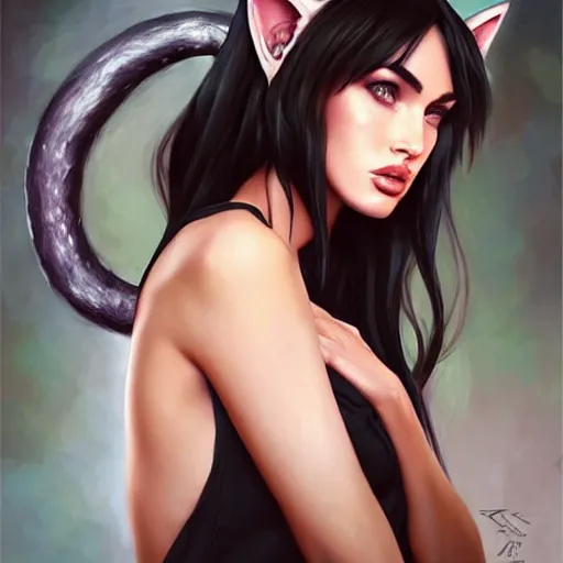 Prompt: alchemyst girl Megan Fox with cat ears, by WLOP, by Artgerm, by Michael Garmash, by Rob Rey, digital art, trending on artstation, beautiful lightning, atmospheric