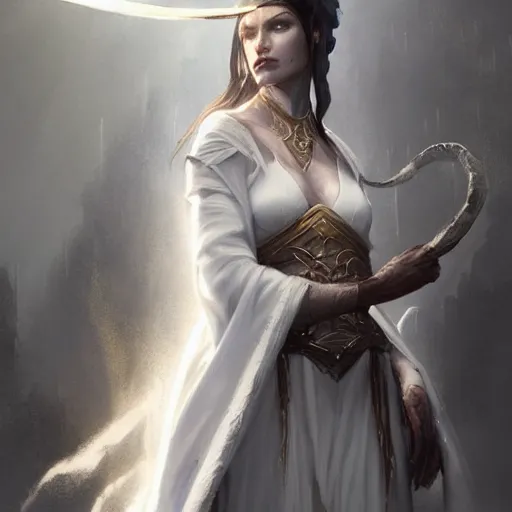 Prompt: A portrait of a female tiefling sorceress wearing a white robe, Magic the Gathering art, art by greg rutkowski, matte painting, trending on artstation, very detailed