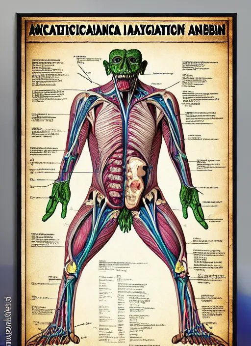 Prompt: academic anatomical diagram poster of a cryptid goblin