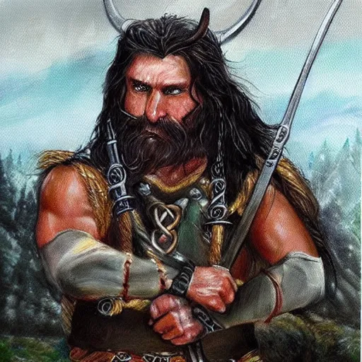 Image similar to full face and body character design reference art of Eoghaill of the Murine Hordes, a La Tene Culture Celtic chieftain and warrior, resplendent and proud of bearing, long black hair, hirstute and muscled, wielding a Celtic longsword, verminous seeming. high quality, high detail, realistic painting, in the style of: Angus McBride, Moebius aka Jean Giraud, and Michael William Kaluta. photorealistic light.