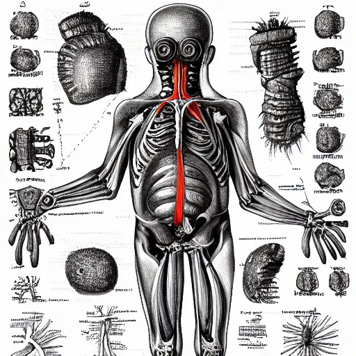 Image similar to Anatomical drawing of a Minion, with organs labeled. Highly detailed. Medical Textbook