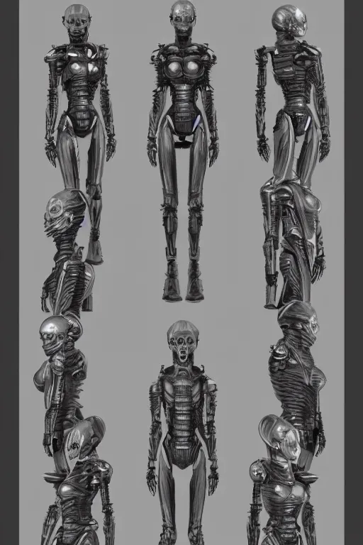 Image similar to andriod orisha god with gunmetal grey skin, medical anatomy, very symmetrical face, highly detailed, japanese mecha, three - perspective / three - view reference sheet ( front / back / side ), in the style of dan ouellette, dren from splice, hr giger, sil from species, artstation, unreal engine