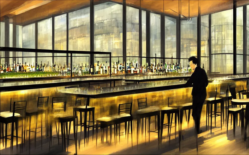 Image similar to loft lounge with tall windows, few people, city in background, bar counter with bartender and few chairs nearby, sparse plants, dim painterly lighting volumetric aquatics, impasto. drawn by feng zhu