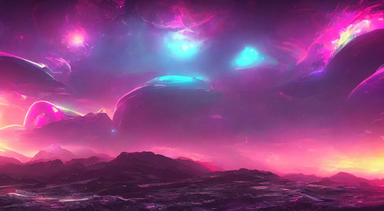 Prompt: a lucid dream nostalgic synthwave galactic landscape, cybernetic. 8k reoslution, digital art, trending on art station, high definition