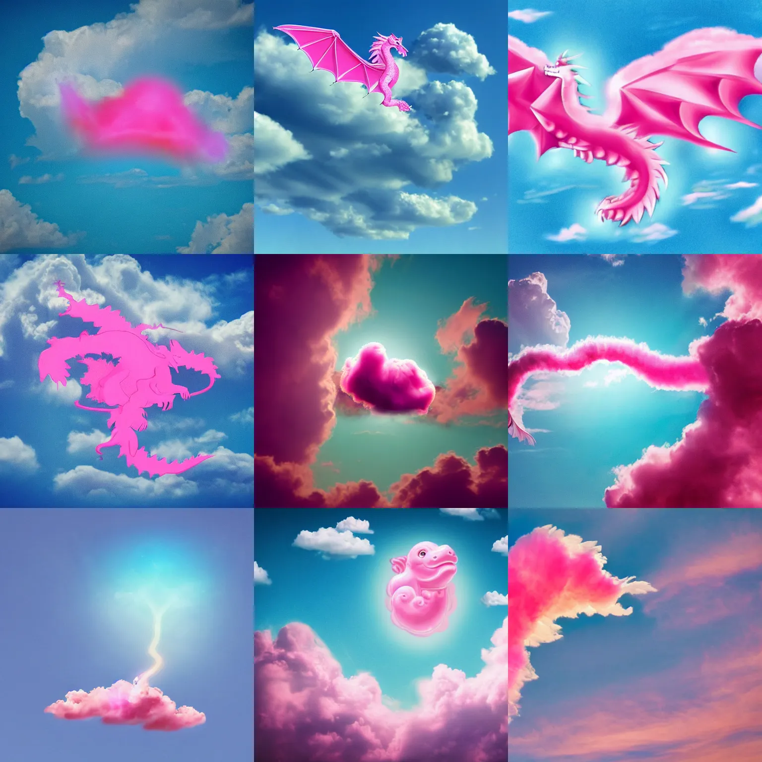 Prompt: a photo of a pink cloud in the shape of a dragon with a bright blue background, realistic, detailed, cloud in the shape of a dragon, chinese dragon