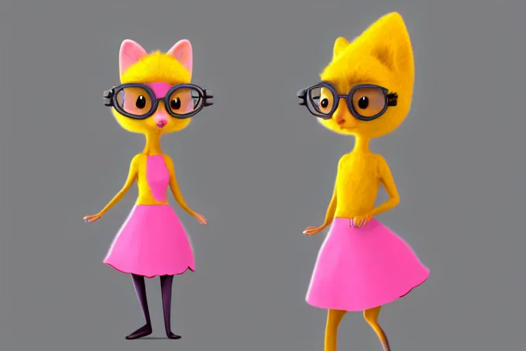 Prompt: detailed flat 2 d : female marten character : wearing jewelry : wearing a pink dress : wearing yellow hat : head torso legs feet : lorax movie : artstation