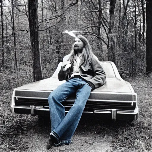 Prompt: A man with long hair smoking a cigarette, sitting casually on the hood of his car parked in the woods. He is wearing denim jeans and a denim coat. He is looking downward as he lights his cigarette with a match. Analog photgraph circa 1976