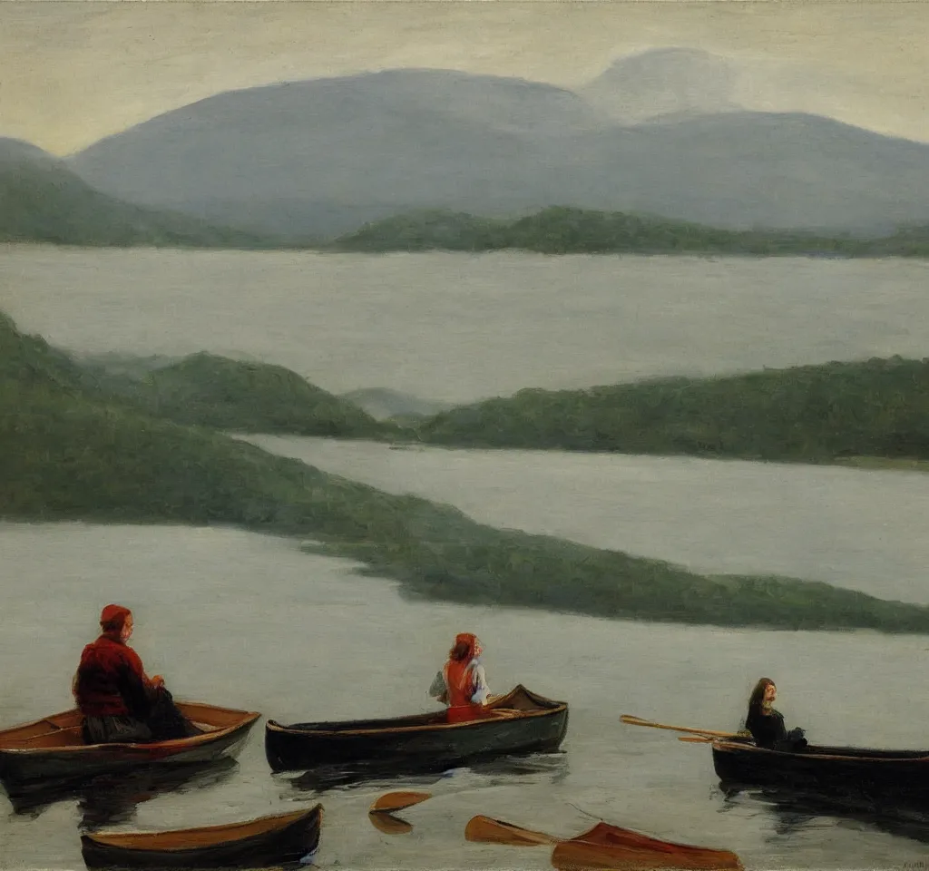 Image similar to one beautiful woman sitting in canoe on the hudson river, mountains in mist in the background, oil painting, style of george bellows