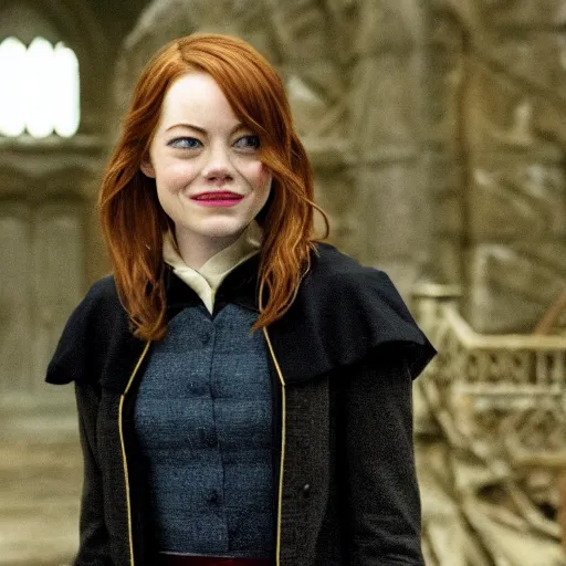 Image similar to emma stone as Hermione Grainger a still shot from harry Potter movie 2