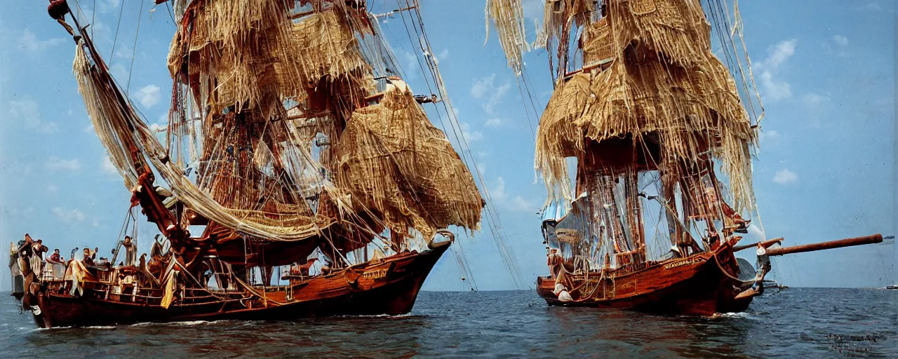 Prompt: pirate ship with spaghetti treasure, aboard a sailboat, caribbean, in the style of galen rowell, 1 7 0 0 s, canon 2 0 mm, kodachrome