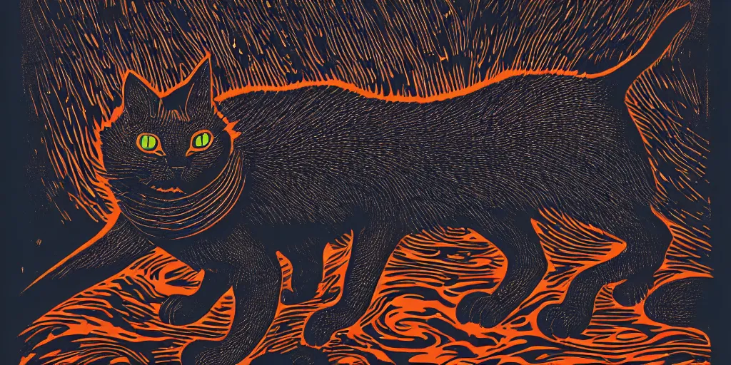 Image similar to a black terrific eldritch cat, hermaeus mora, linocut, moody, Karolis Strautniekas, Mads Berg, dramatic lighting, editorial illustration, detailed, fine texture, matte print, dynamic composition, blue+green+dark orange+red+dark blue+beige