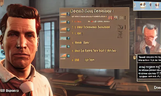 Image similar to ingame dialog talking!!!!!!!!! to dennis!!!!! bateman!!!!! in fallout 5, hd 4 k max settings raytracing