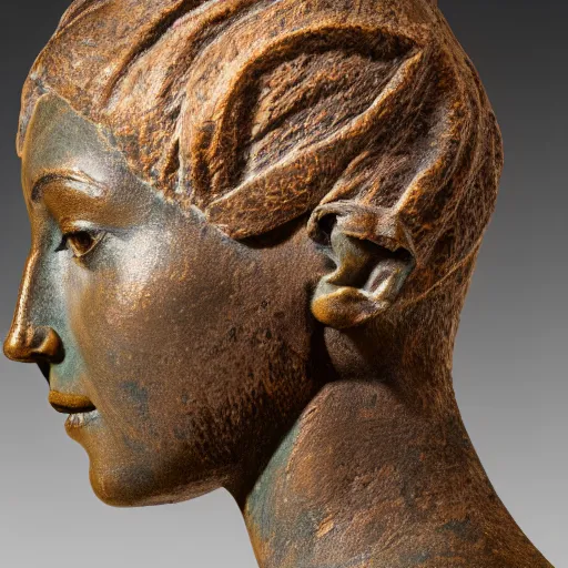 Image similar to detailed photo of an old bronze patina statue of a woman head and shoulder portrait, intricate detail, museum diffuse lighting