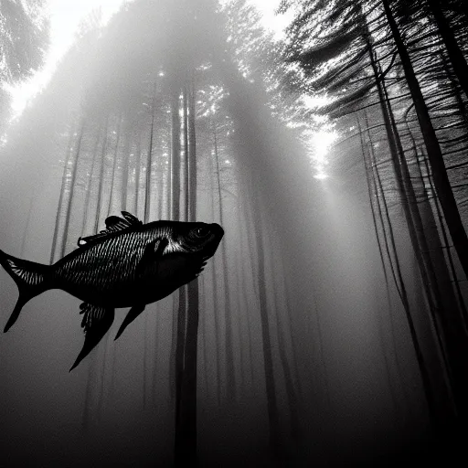 Image similar to a gloomy fish swimming through trees in a black and white forest