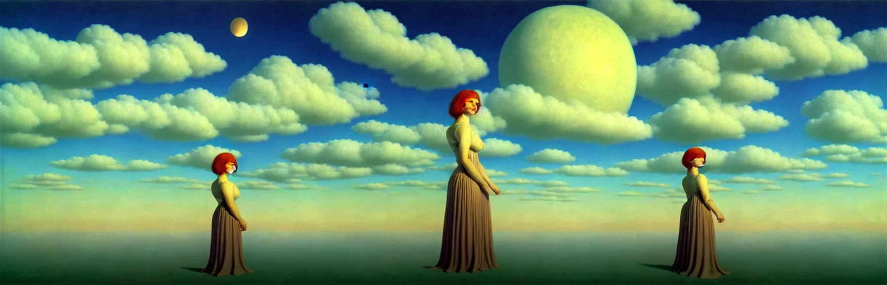 Prompt: Freyja traveling through the dreamy sky, dreamy morning; very detailed, by René Magritte, Roger Dean; artstation, unreal engine 5