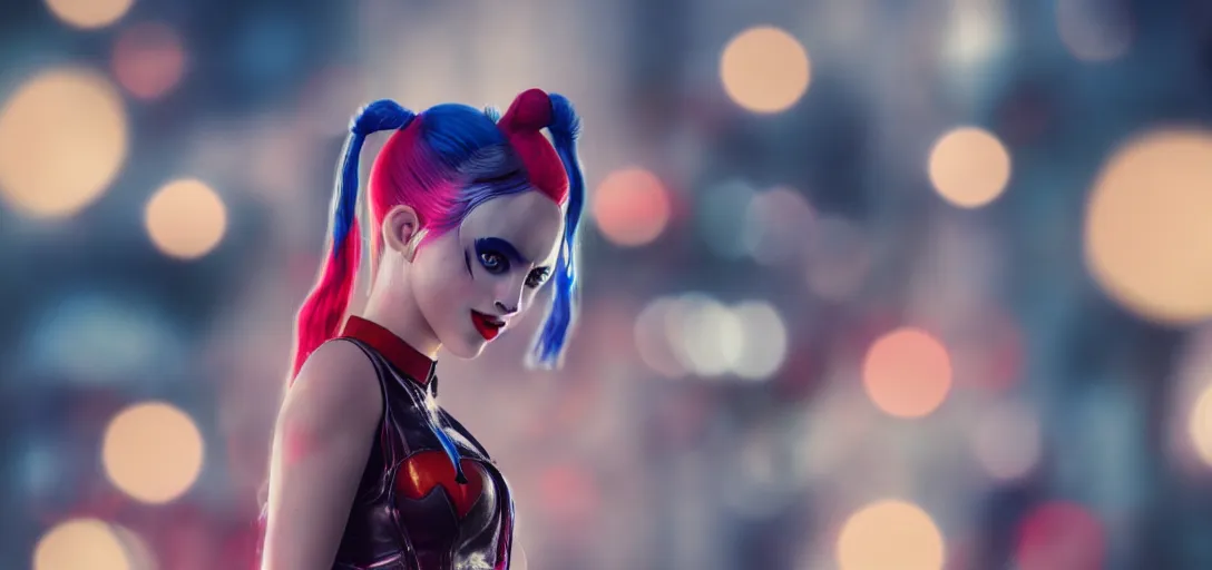 Image similar to a beautiful harley quinn photorealism bokeh