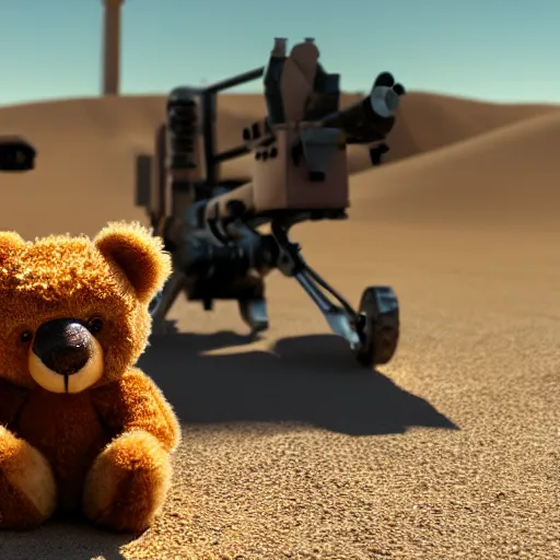 Prompt: cinematic shot of a teddy bear hip - firing a minigun in the desert, 8 k, depth of field, very intricate, very detailed,