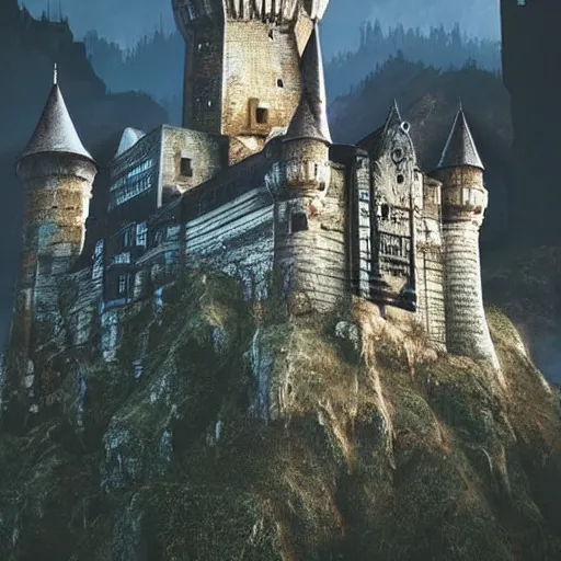 Prompt: wolfenstein castle, giant castle in mountains, scary, creepy, at night