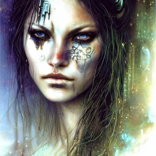 Image similar to an award finning closeup facial portrait by luis royo and john howe of a very beautiful and attractive female bohemian cyberpunk traveller aged 1 9 with green eyes and freckles in clothed in excessively fashionable cyberpunk gear and wearing ornate warpaint