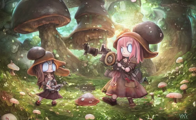 Image similar to cute little girl with an long hair wearing an mushroom hat and holding an cute cannon in the dark forest next to a sinister monster, cute artwork, clean detailed art, inspired made in abyss, detailed background, fantastic world, spectacular quality