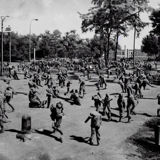 Image similar to university campus during zombie invasion, circa 1 9 4 5, hd, award - winning