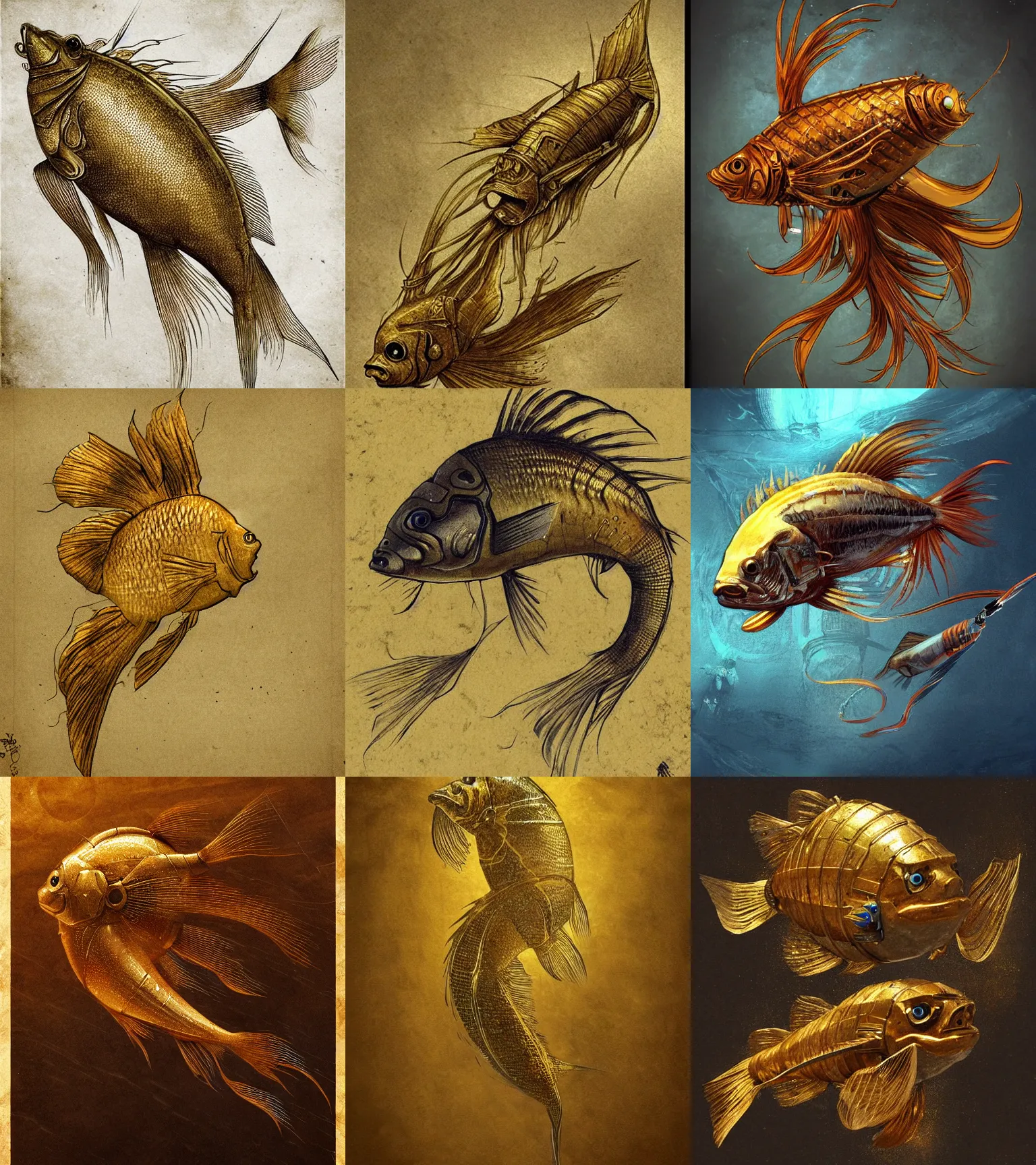 Prompt: Golden fish in water exoskeleton, Starfinder style, scifi, drawn by Leonardo da Vinci, concept art, trending on artstation