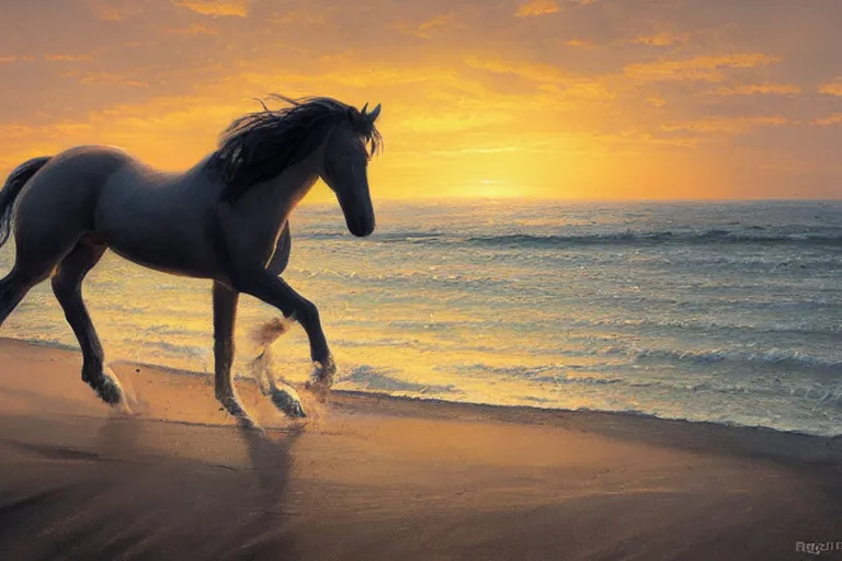 Image similar to a horse running on the beach at sunset by greg rutkowski